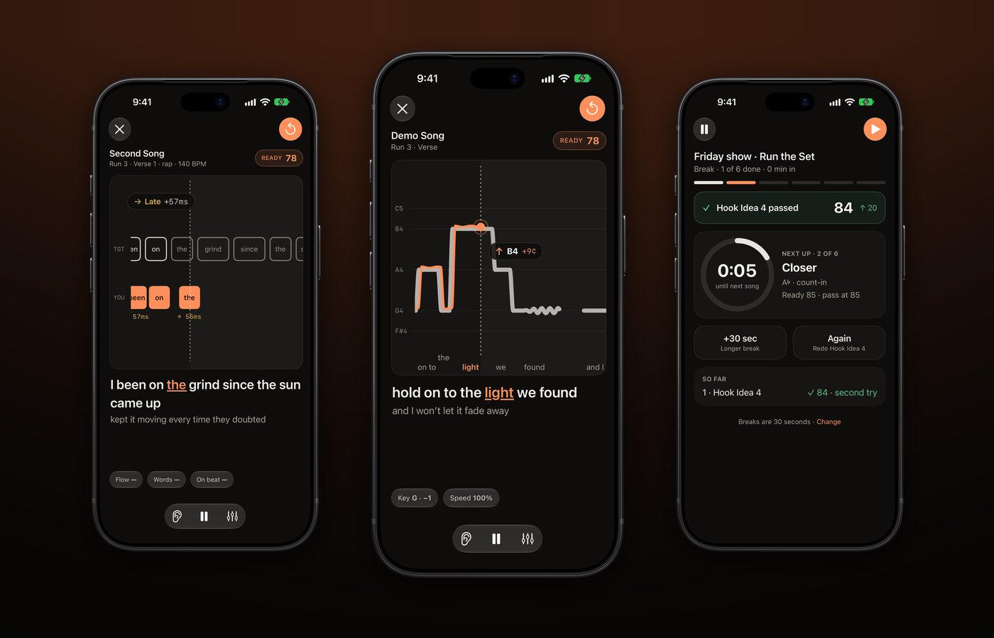 Melo Pro on iPhone: the flow lane timing a rap verse, the pitch lane following a sung line, and Run the Set counting down to the next song.